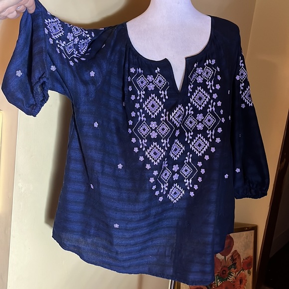 J JILL sz XL Embroidered Tunic Casual Striped LagenlookJOHNNY WAS Vibes $99 NEW - Picture 3 of 16